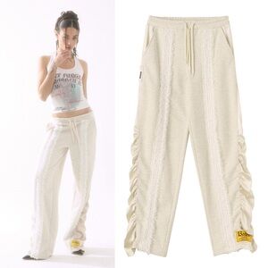 BADEE Lace Shirring Sweatpants Oatmeal Cotton Size M Feminine Style